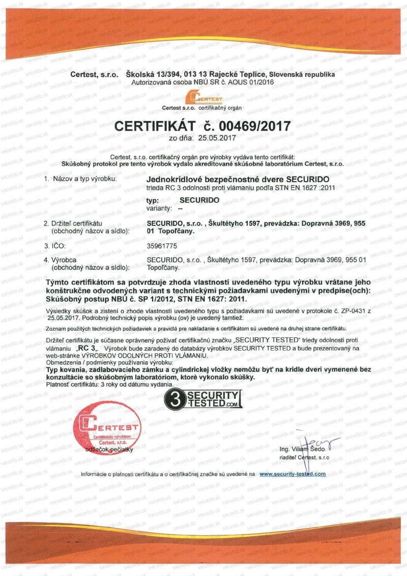 Certifikát odolnosti proti vloupání SECURITY TESTED