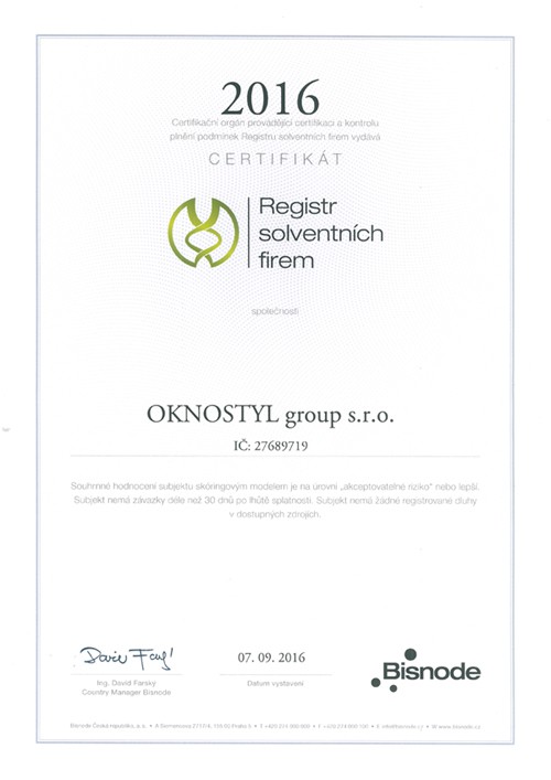 Certifikát Registr solventních firem