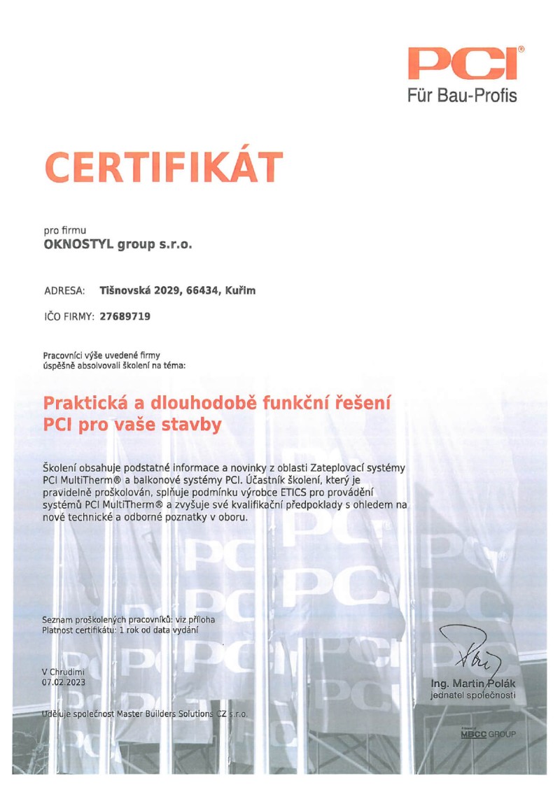 Certifikát Praktická a dlouhodobě funkční řešení PCI pro vaše stavby 2023