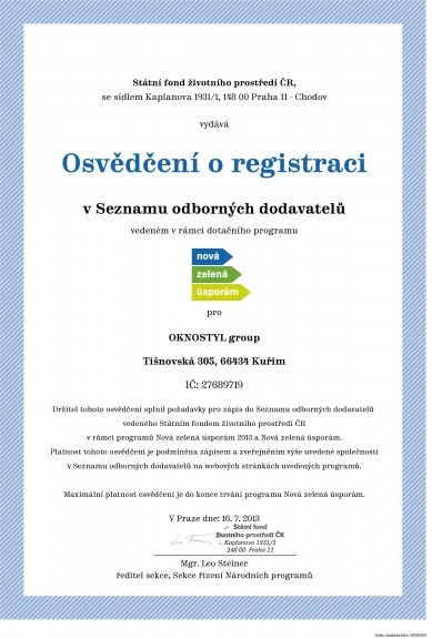 Certifikát Nová zelená úsporám