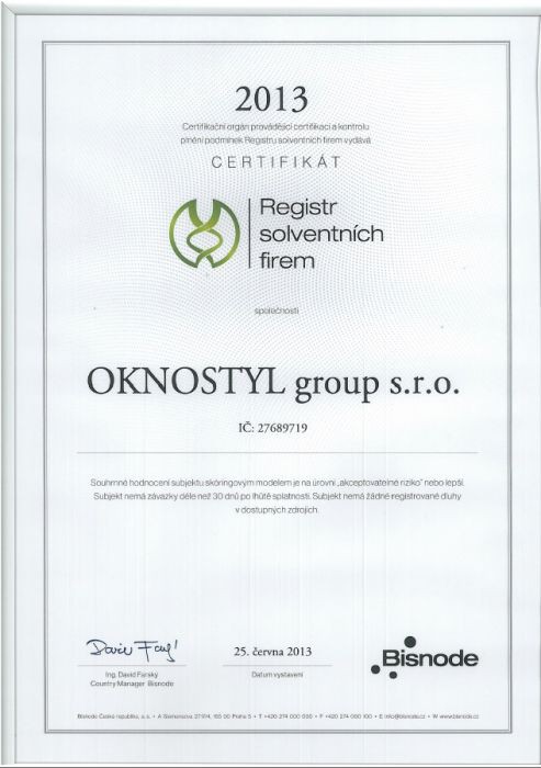 Certifikát Registr solventních firem
