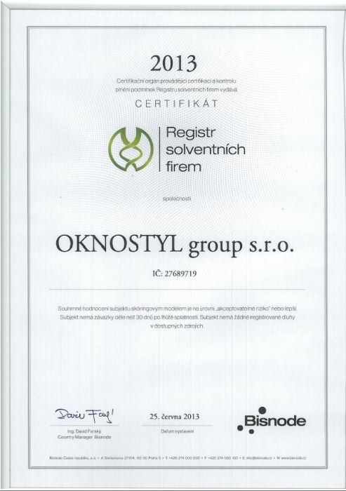 Certifikát Registr solventních firem