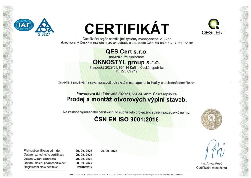 Certifikát pro prodej a montáž otvorových výplní staveb