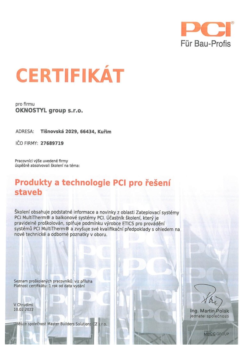 Certifikát Produkty a technologie PCI pro řešení staveb