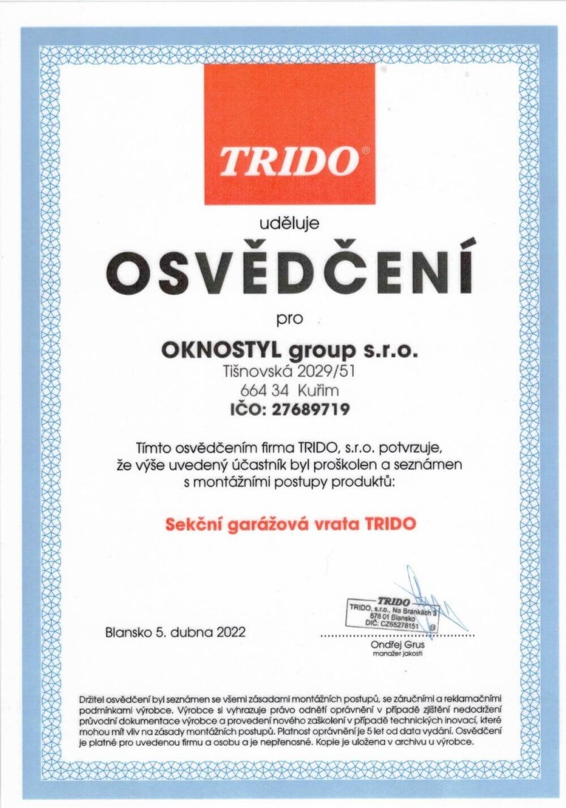 Certifikát pro montáž garážových vrat TRIDO