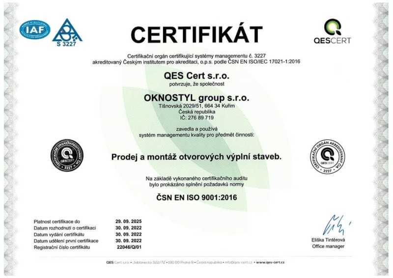 Certifikát pro prodej a montáž otvorových výplní staveb