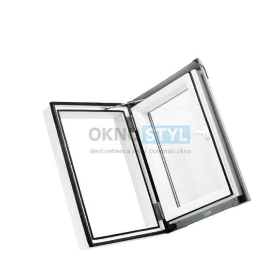 Plastový střešní výlez PREMIUM TERMO 550×780 "bílá" - šedé oplechování (7043), pravé