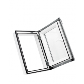 Plastový střešní výlez PREMIUM 550×780 "bílá" - hnědé oplechování (8019), otevírání levé
